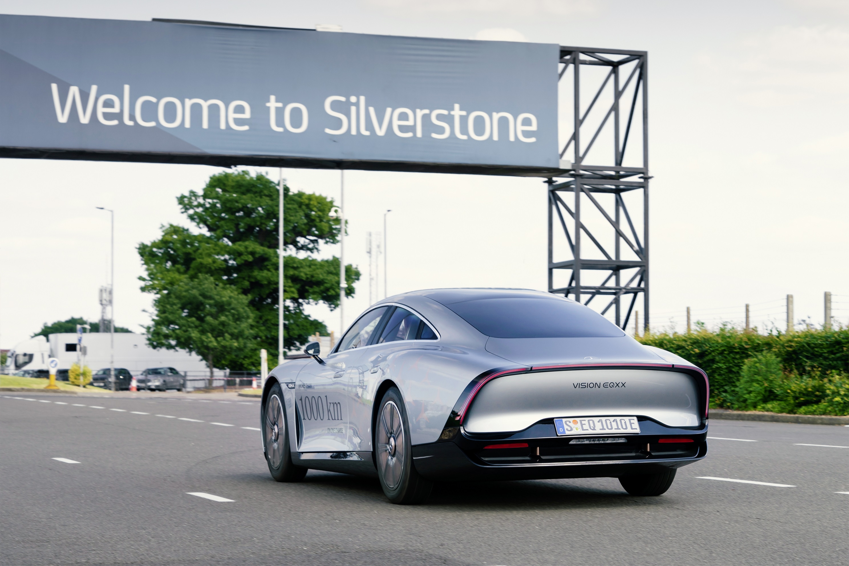 The silver Mercedes-Benz Vision EQXX Concept arriving at the Silverstone racetrack