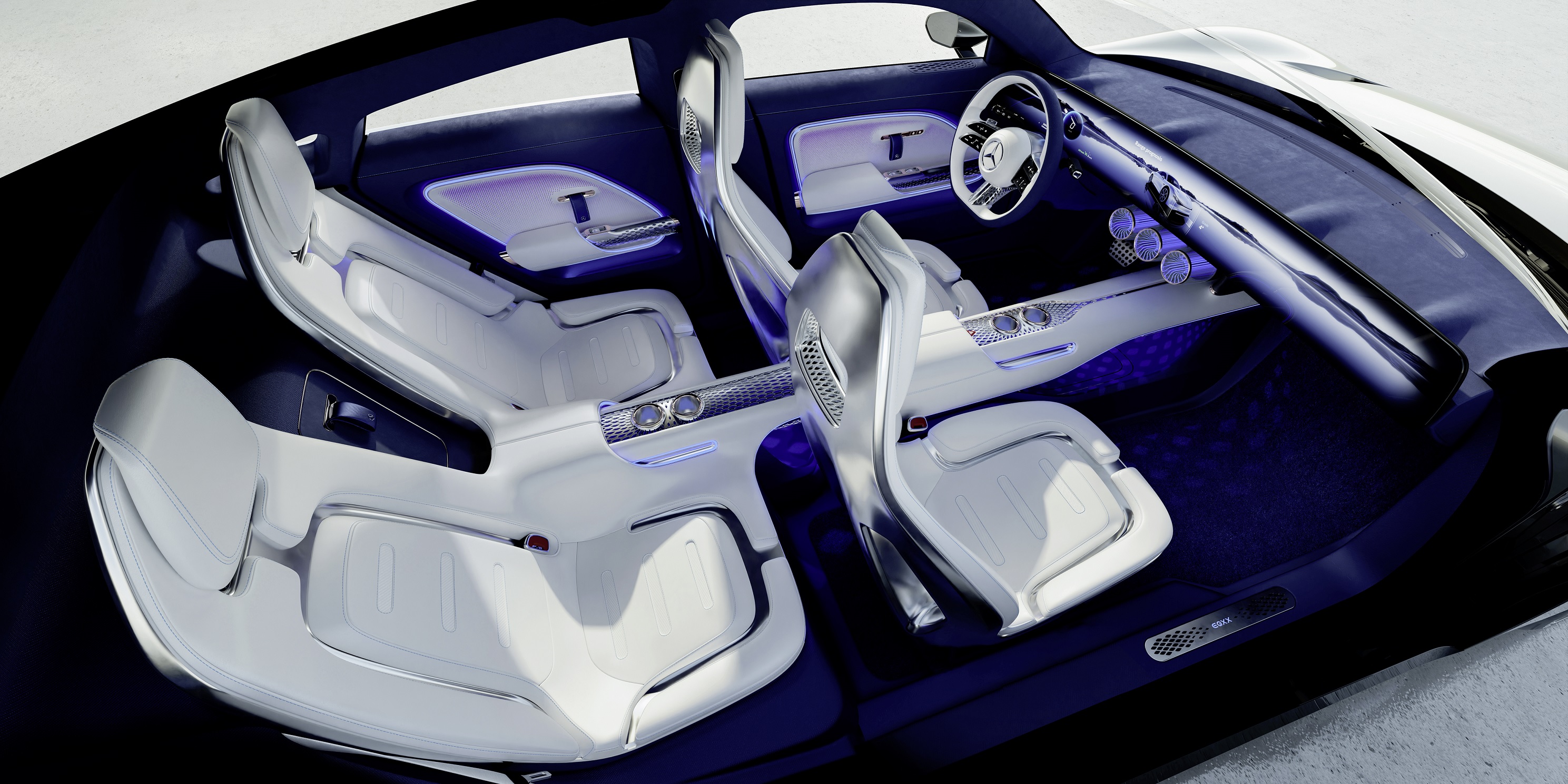 The Mercedes-Benz Vision EQXX Concept's blue-and-white interior