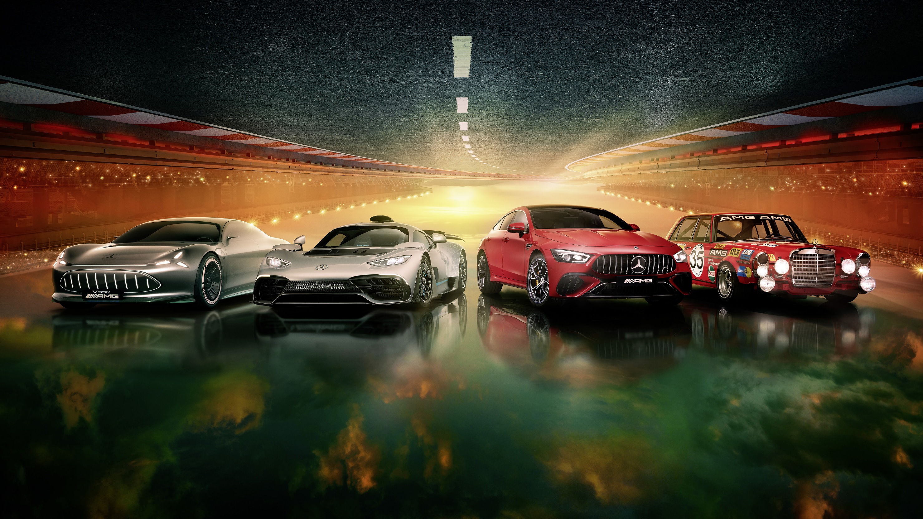From left to right, the Mercedes Vision AMG design study, Mercedes-AMG One, 2022 Mercedes-AMG GT 4-door Coupe, and 1971 Mercedes 300 SEL 6.8 'Rote Sau' in a stylized tunnel