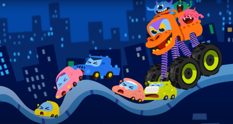 Monster truck chasing baby car family in "Baby Car" song, an automotive version of "Baby Shark"