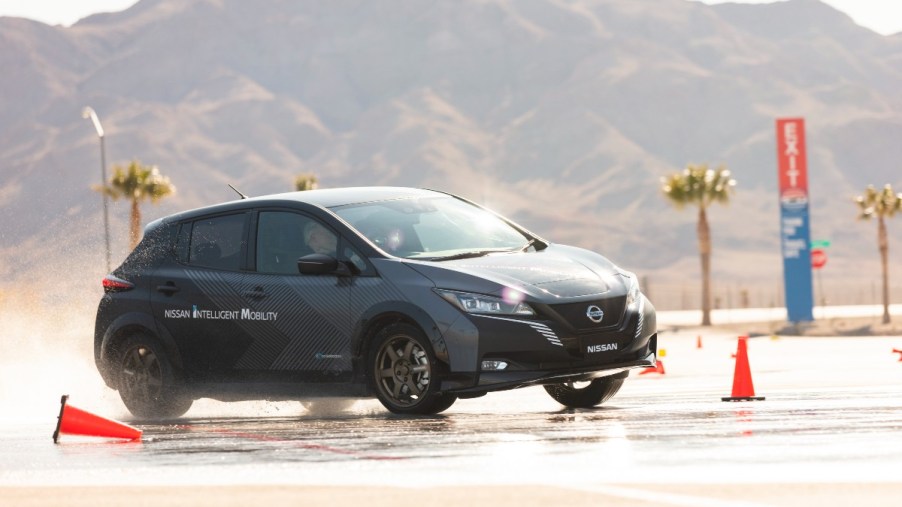 a nissan leaf equipped with nissan e force all wheel drive losing traction in the rear because of wet pavement