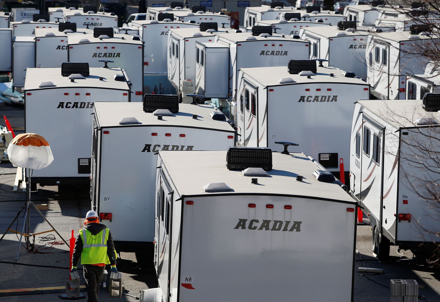RVs parked in a lot in Lawrence, Massachusetts, prepared for shipment to Columbia Gas