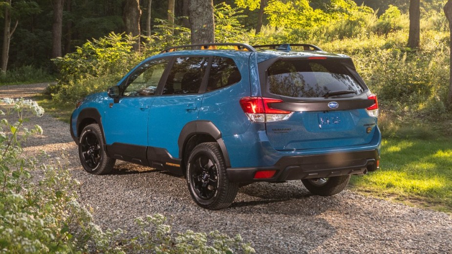 Rear angle view of blue 2022 Subaru Forester