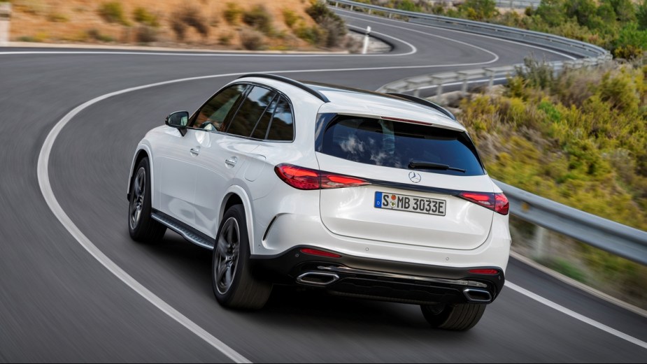 Rear angle view of white 2023 Mercedes-Benz GLC-Class, highlighting its release date and price