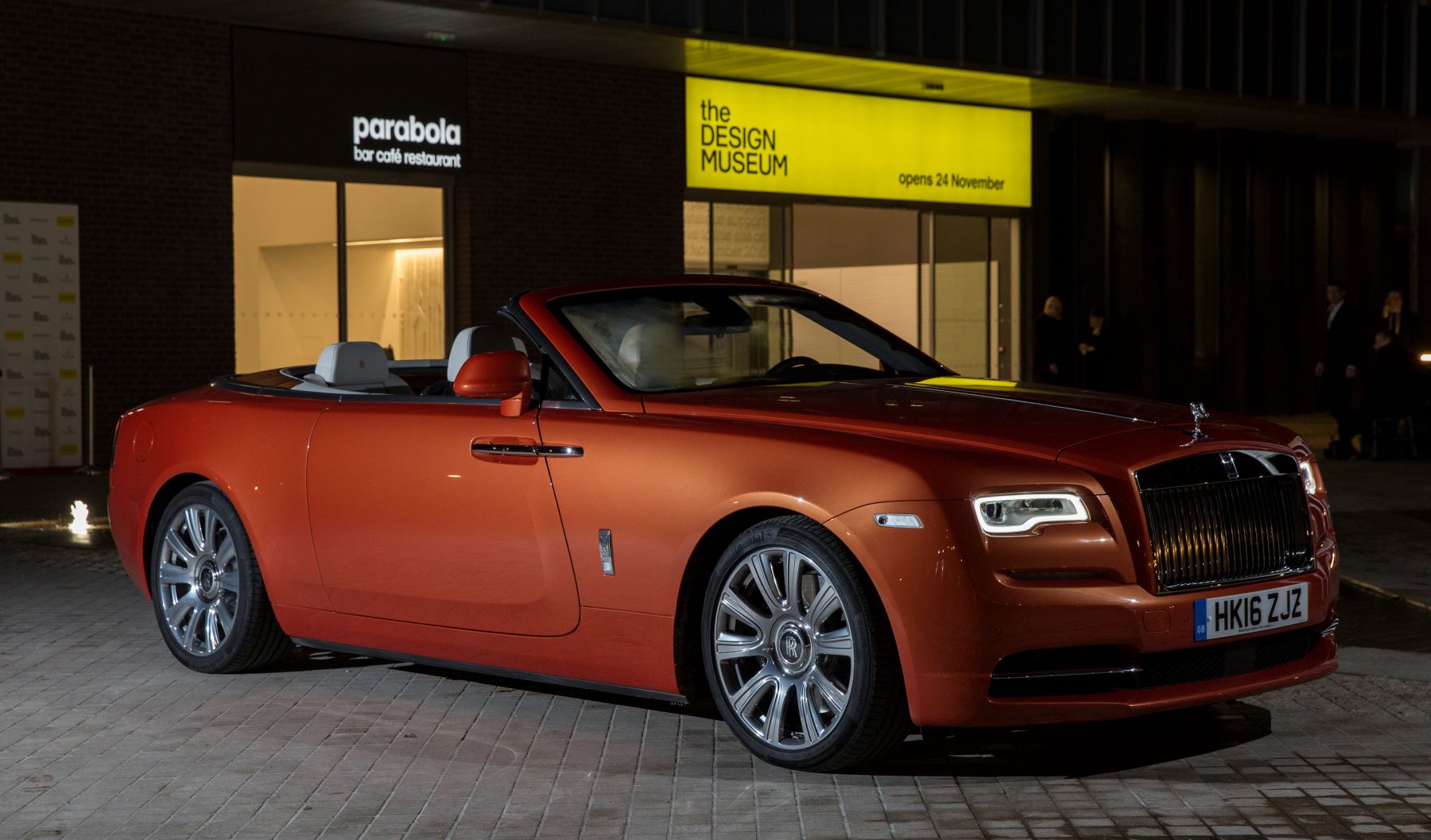 A Rolls-Royce Dawn parked outside the Design Museum in London, England