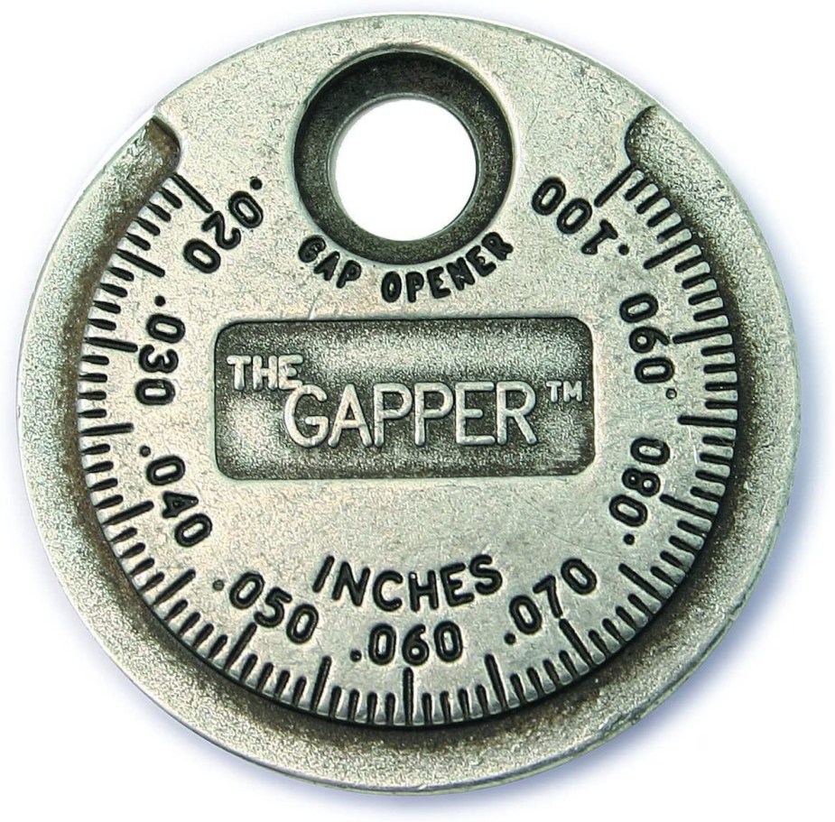 Product photo of a round, spark plug gapping tool.