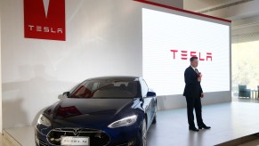 Elon Musk stands next to a Tesla like the ones banned in parts of China