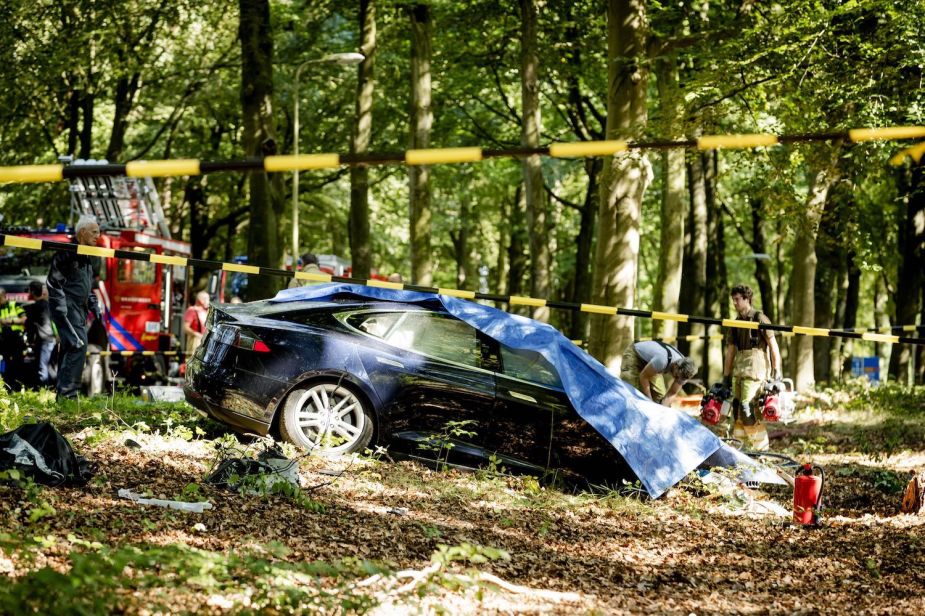A blue Tesla sedan parked in the woods after running off the road and striking a tree.