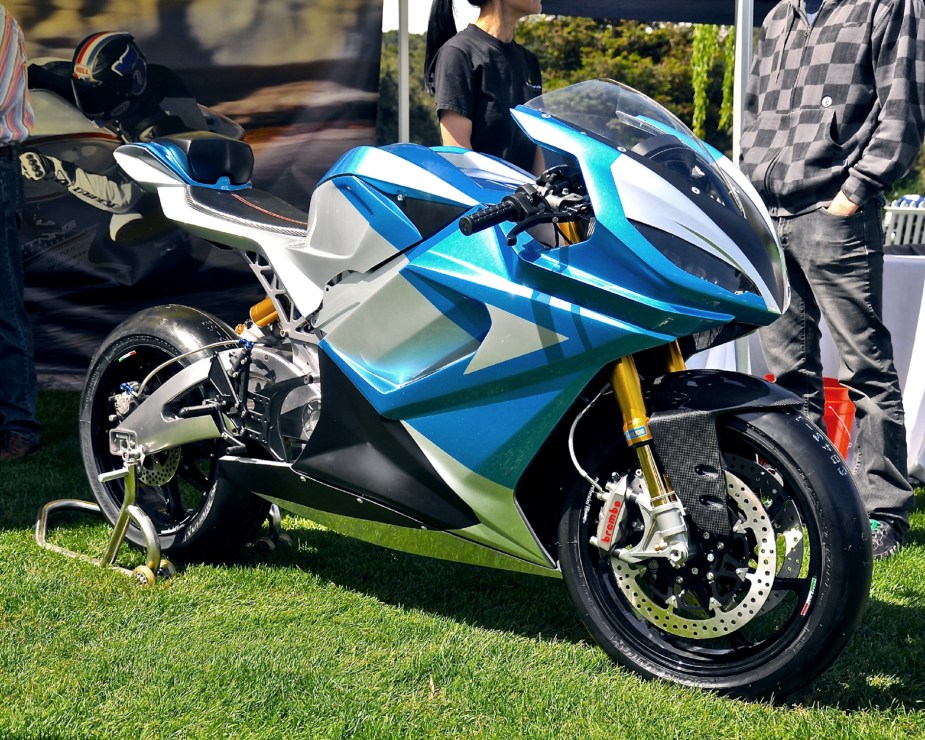 A blue-and-silver Lightning LS-18 electric motorcycle at the Quail Motorcycle Gathering