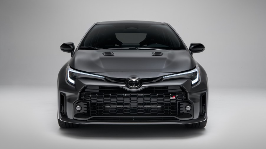 The new Toyota Corolla GR MORIZO Edition hatchback's front end is angry-looking.