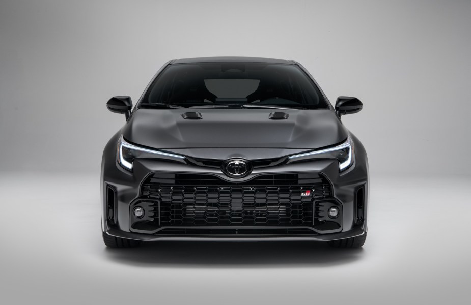 The new GAZOO Racing hatchback's front end is angry-looking. 