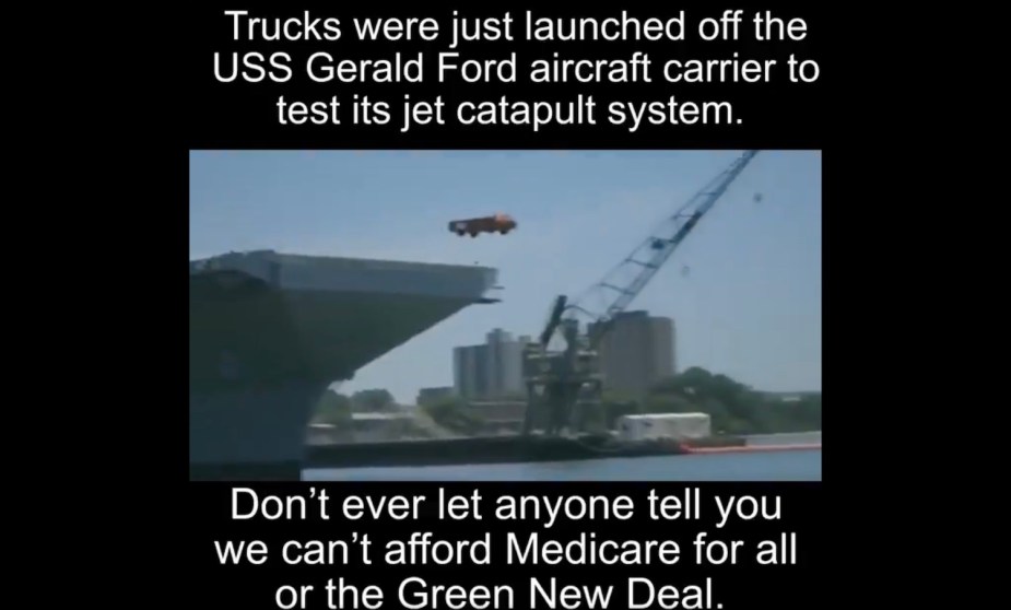Screen capture of a Facebook video supposedly showing the Navy launching a truck into the ocean.