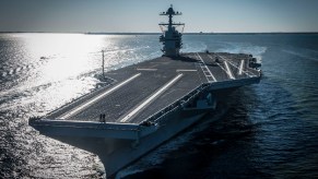 The USS Gerald Ford Navy aircraft carrier on its maiden voyage.