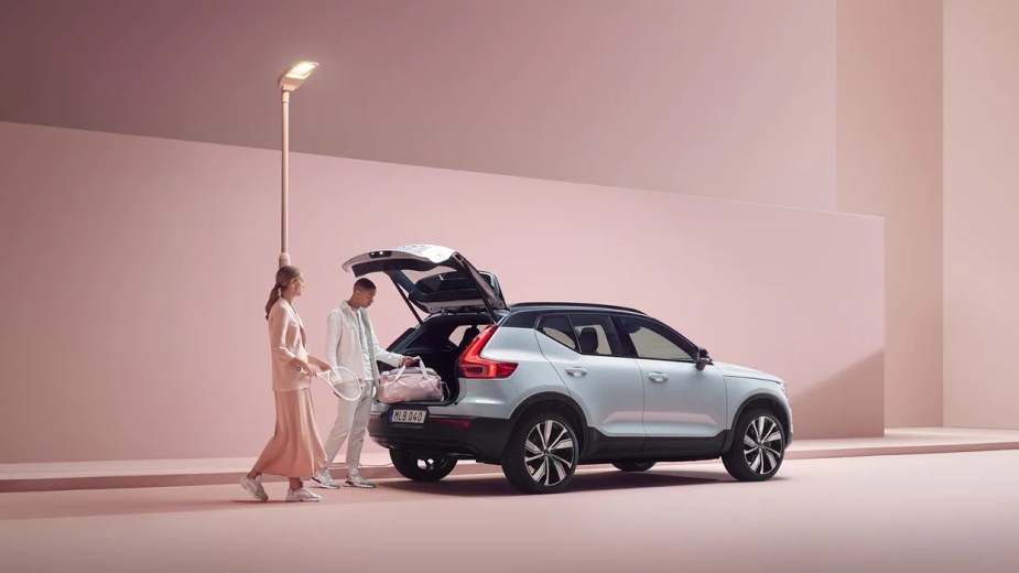 A 2022 Volvo XC40 Recharge Pure Electric has cargo loaded into its rear. As an SUV, it is legitimately practical.