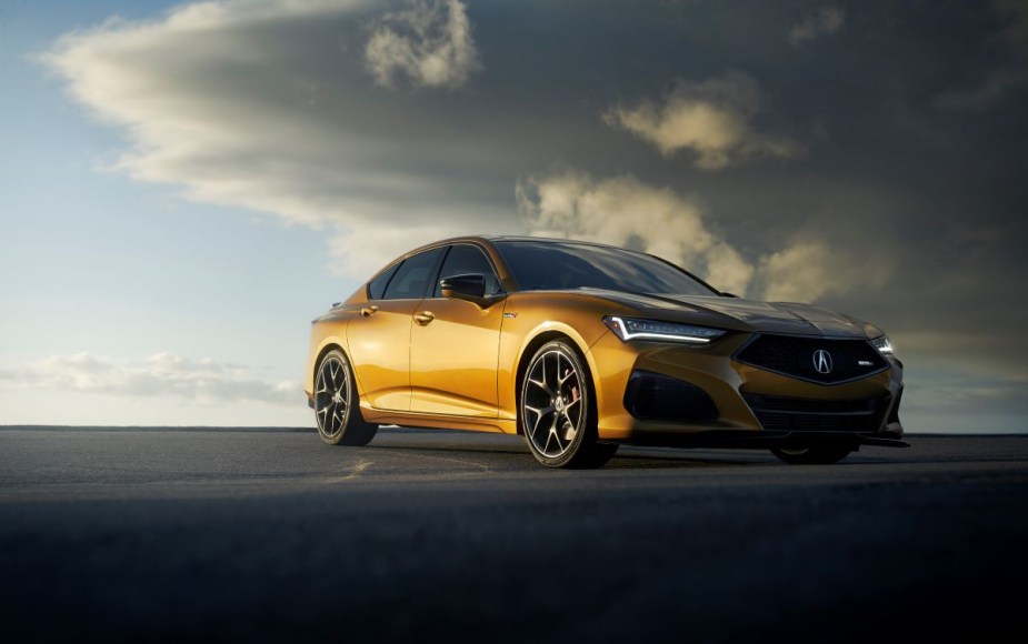 AcuraWatch safety comes standard on all Acura cars and SUVs, like this yellow Acura TLX