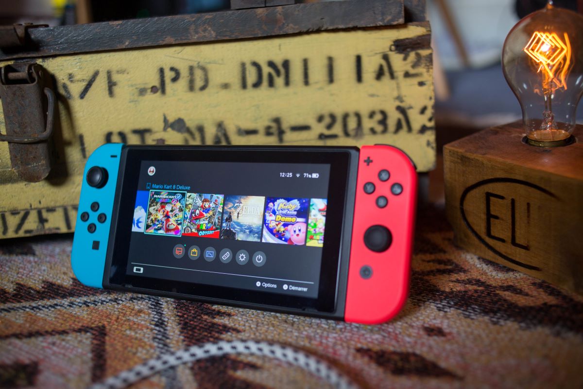 Close-up of a Nintendo Switch video game console showing several of Nintendo's favorite video games, including Mario Kart.  Are female Nintendo characters disappearing?