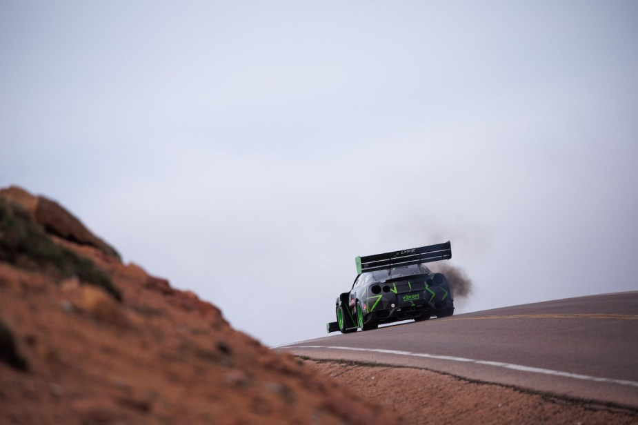A rear shot of the Frank 6.0 going up Pikes Peak