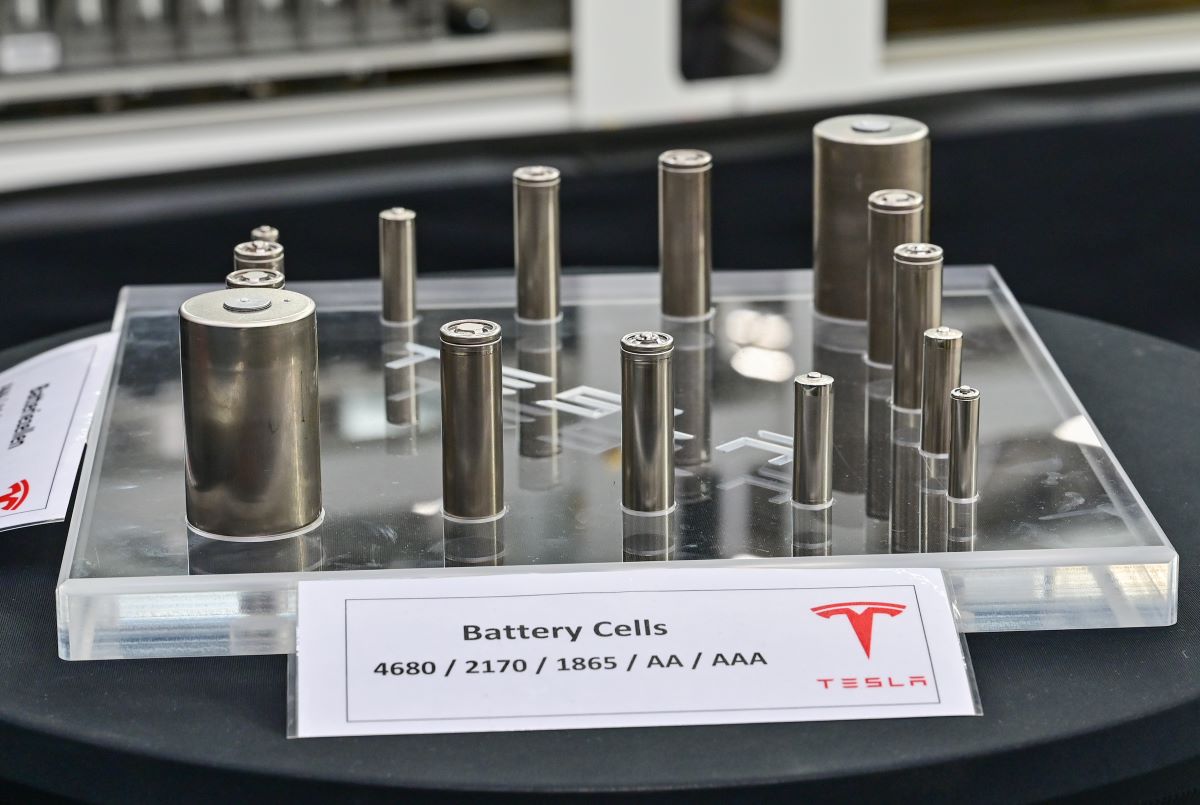 A display of the battery cells for a Tesla can be seen at the open day in a production hall of the Tesla Gigafactory.