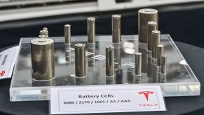 A display of the battery cells for a Tesla can be seen at the open day in a production hall of the Tesla Gigafactory.