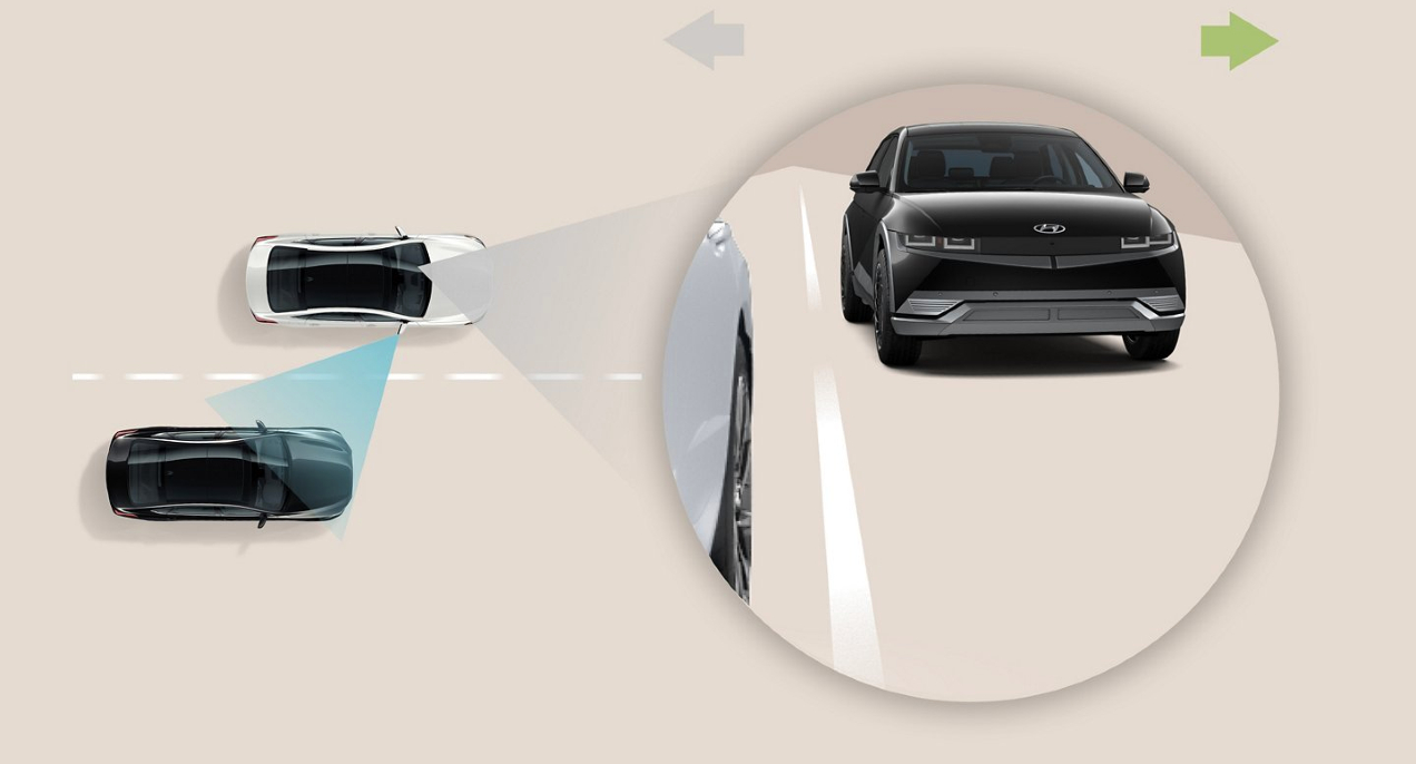 A 2022 Hyundai Ioniq 5 Limited electric SUV is using its Blind-Spot Monitor.