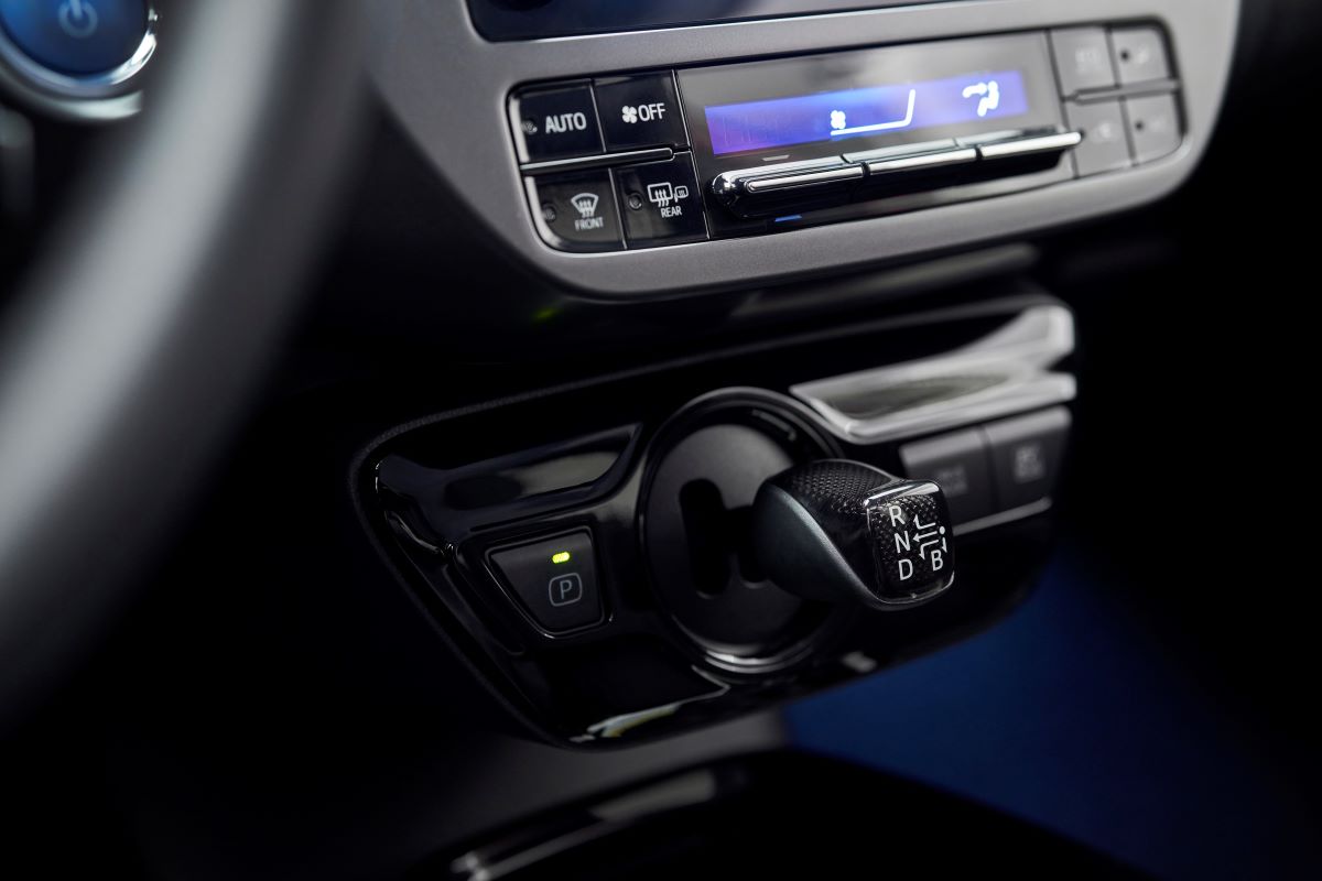 Interior of the fourth-generation Toyota Prius with a quirky gear shift. The 2023 Toyota Prius will likely redesign the cabin.