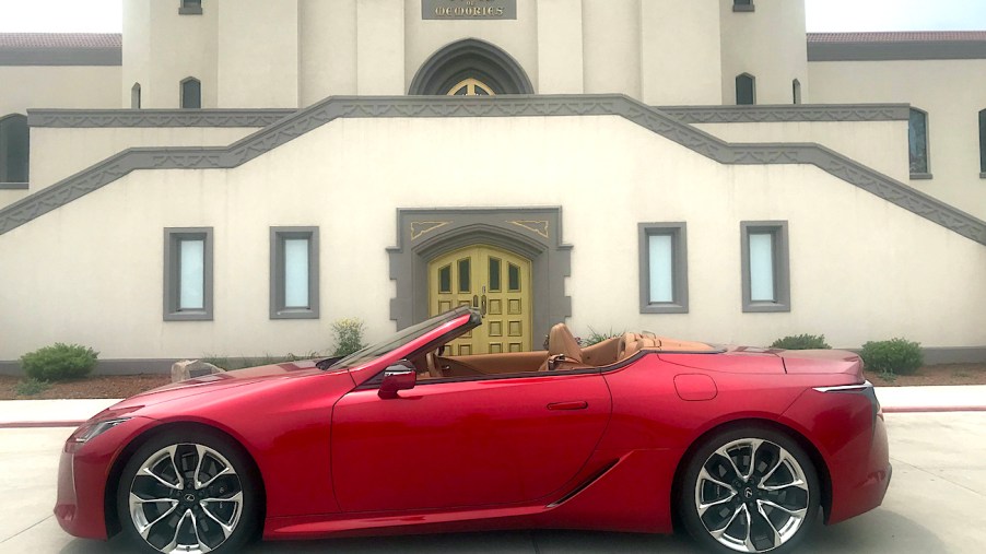 2021 Lexus LC 500 side view in front of a crypt