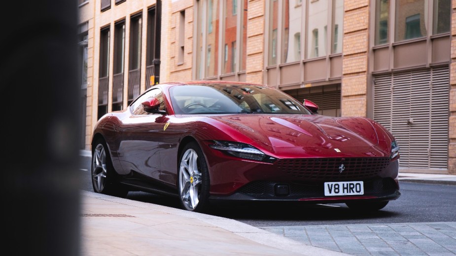 a red 2022 ferrari roma , a luxurious italian coupe that is able to offer outstanding performance