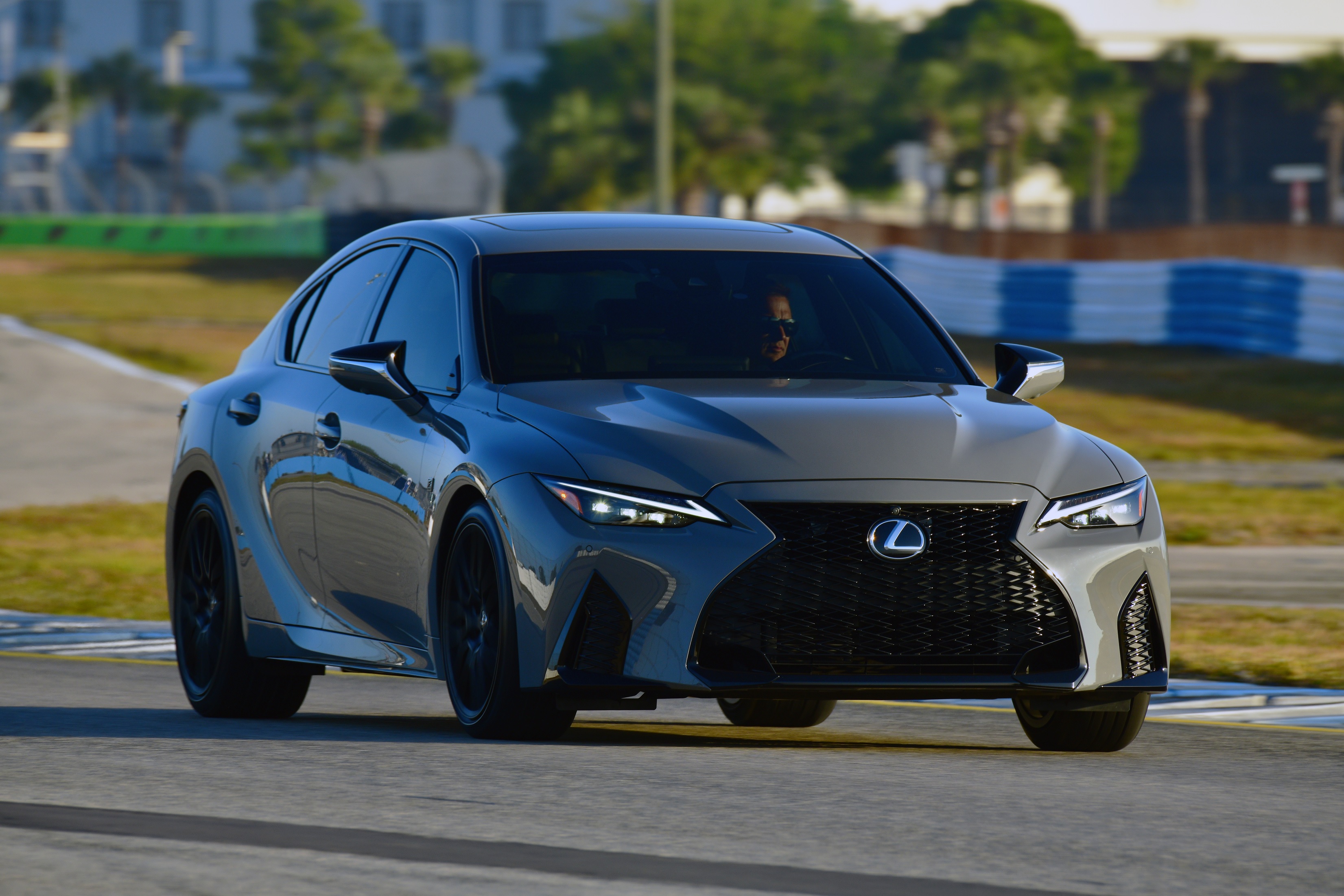 A gray 2022 Lexus IS 500 F Sport Performance Launch Edition on a racetrack
