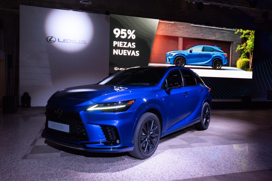 A blue 2022 Lexus RX, a luxury mid-sized SUV, in an indoor display environment. 