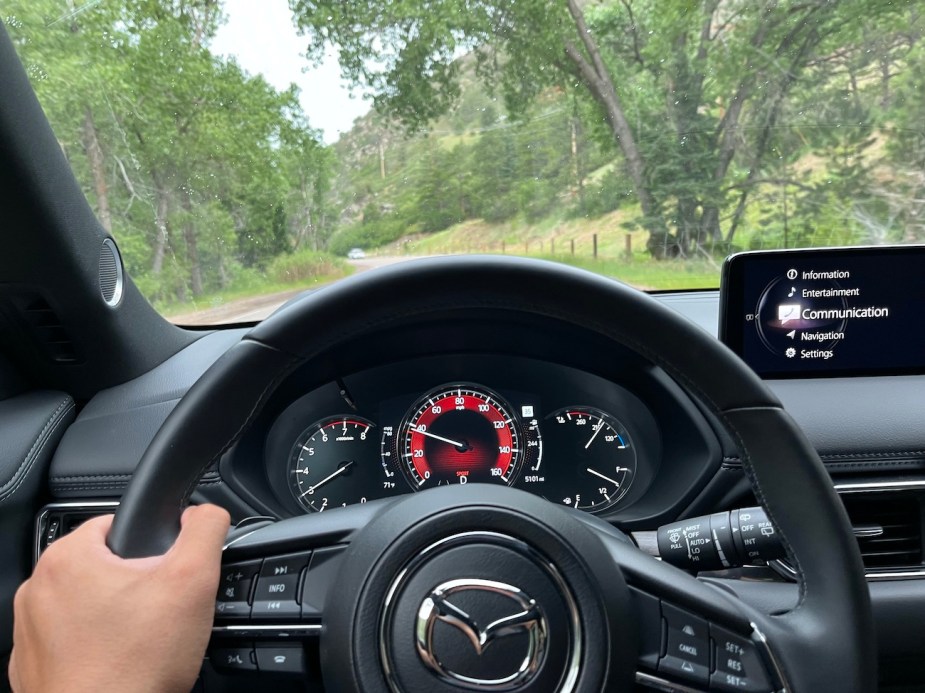 A driver's view of the 2022 Mazda CX-5 Turbo Signature in Sport mode.