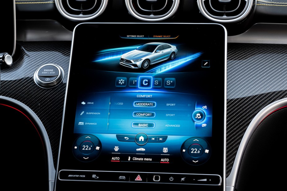 2022 Mercedes-Benz C-Class 11.9-inch infotainment system. Tips for cooler car air conditioning from Consumer Reports. 