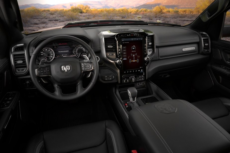 Advertising shot of the interior of a 2022 Ram 1500 pickup truck.