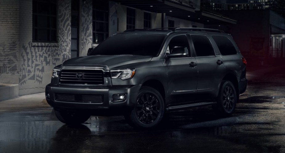 A black 2022 Toyota Sequoia full-size SUV is parked. 