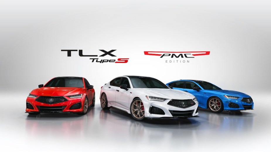 the three new 2023 acura tlx type s pmc edition models in the three unique colors