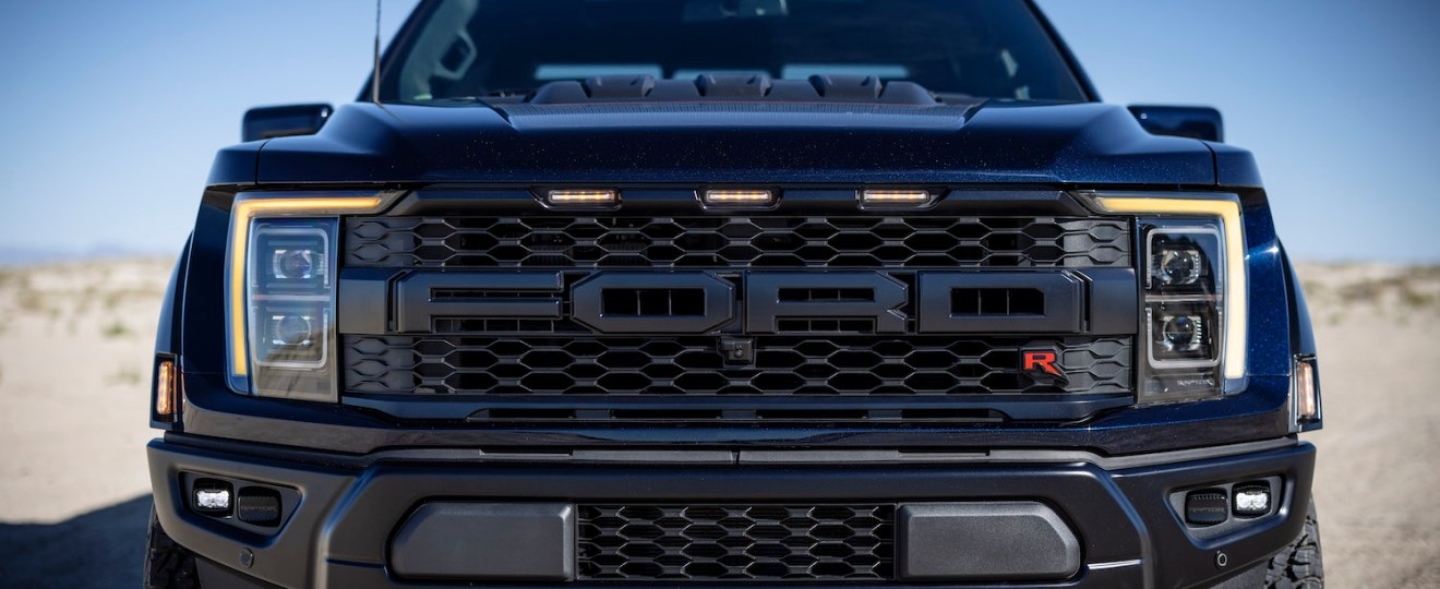 Closeup of the FORD lettering on the 2023 F-150 Raptor R's grille.