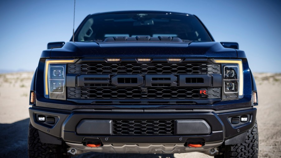 Closeup of the FORD lettering on the 2023 F-150 Raptor R's grille.