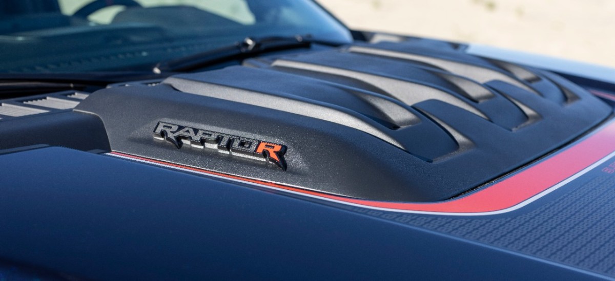 The hood of the 2023 Raptor R in blue