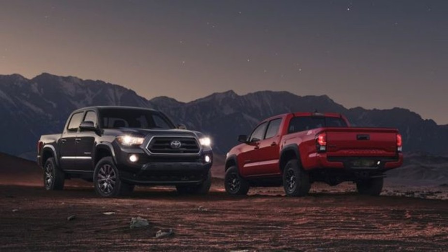 A pair of 2023 Toyota Tacoma midsize trucks showing off some new exterior packages