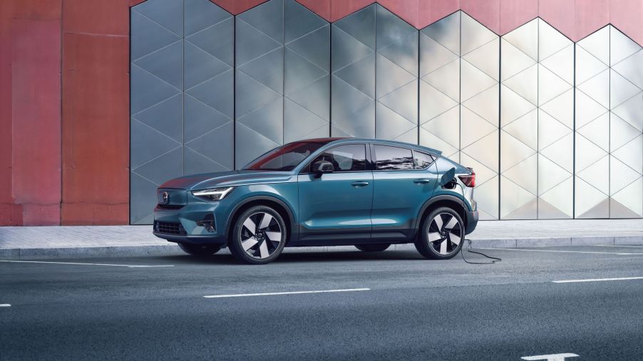 A 2023 Volvo C40 Recharge electric compact SUV model in Fjord Blue