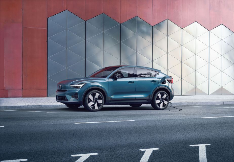 A 2023 Volvo C40 Recharge electric compact SUV model in Fjord Blue. Many Volvo vehicles are getting Apple CarPlay via an over-the-air update.