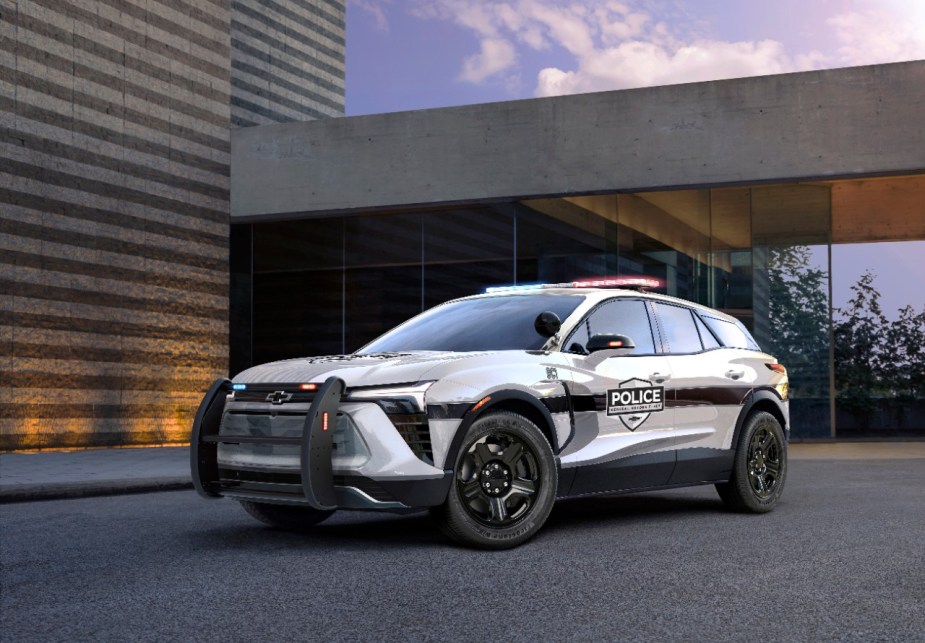 Police Pursuit Vehicle version of the 2024 Chevy Blazer EV posed.