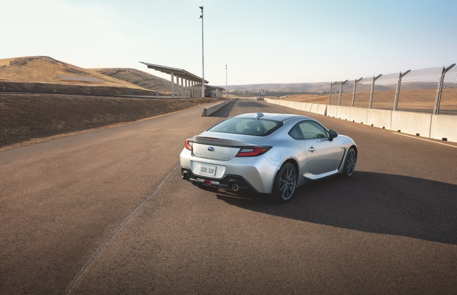 A rear shot of the 2022 Subaru BRZ on a track.