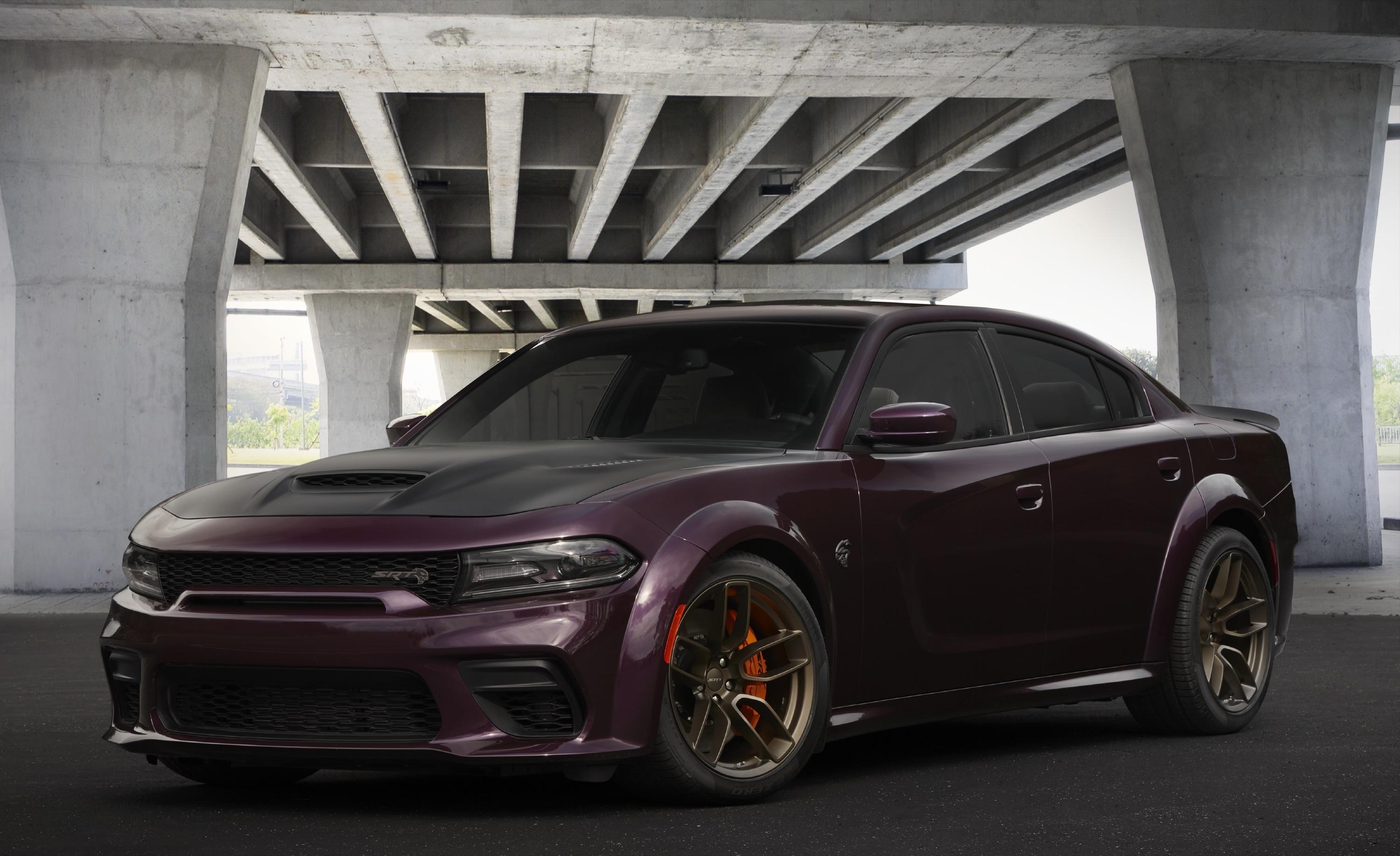 A purple 'Funky Monkey' 2022 Dodge Charger SRT Hellcat Redeye Widebody Jailbreak Edition under a concrete bridge