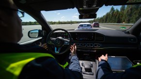 A car with autonomous driving capability and potentially automatic emergency braking.