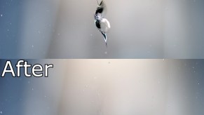 Before and After shots of a DIY repaired rock chip in Chrisfix Ford Mustang windshield