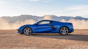 A blue Corvette Stingray luxury sport coupe parked outdoors