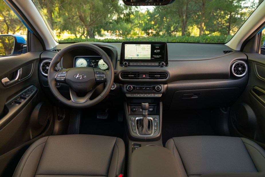Dashboard and front seats in 2023 Hyundai Kona, highlighting its release date and price