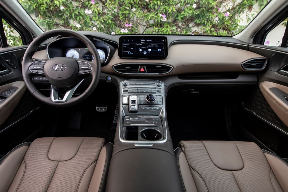 Dashboard and front seats in 2023 Hyundai Santa Fe crossover SUV, highlighting its release date and price