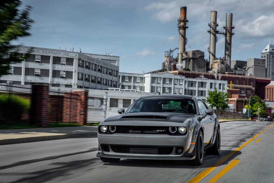 A Dodge Demon drives on the roads of Detroit.