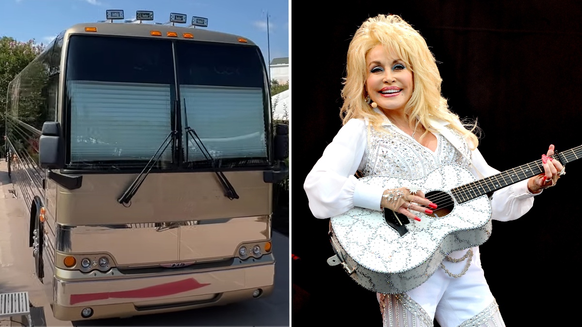 Dolly Parton with her guitar and her custom tour bus at Suite 1986 Dollywood's DreamMore Resort in Tennessee